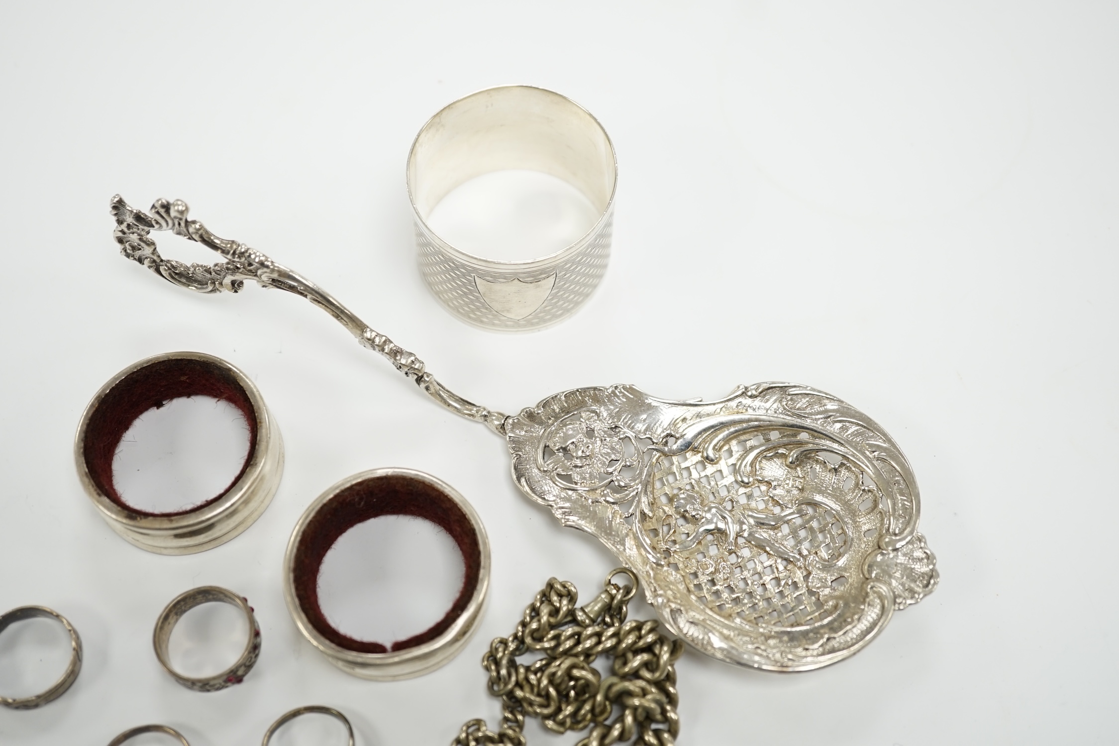 Sundry small silver and white metal items including, napkin ring, continental pierced spoon, etc.